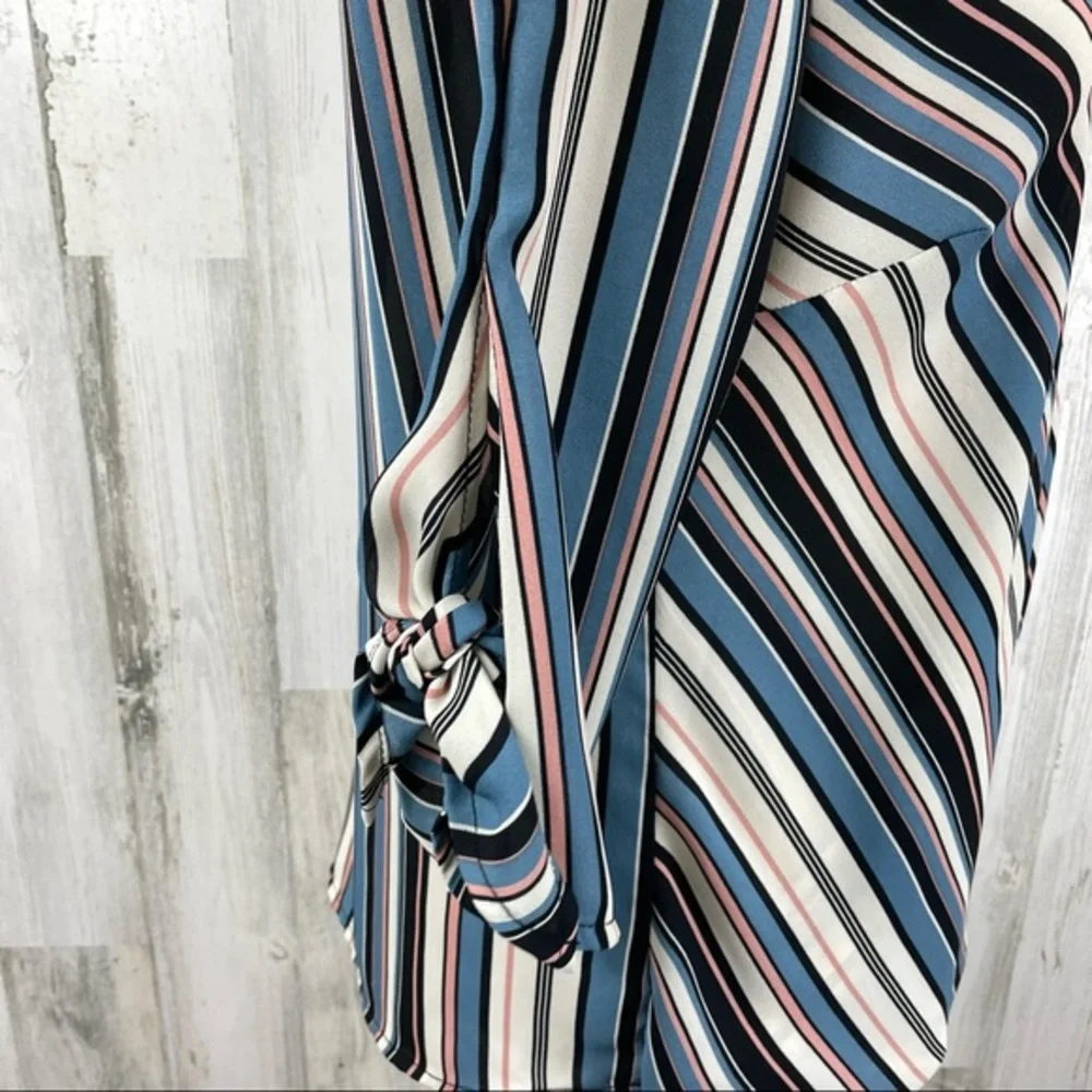 W5 Women’s Blue Stripe Tie Sleeve V‎ Neck Faux Wrap Boho Blouse Top Shirt Size M